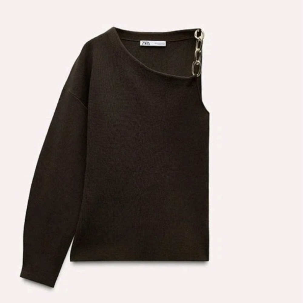 NWT Zara Chocolate Off-Shoulder Sweater with Chain Accent